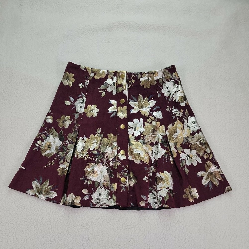 Tularosa Burgundy Metallic Floral Stretch Button Front Pleated A-Line Mini